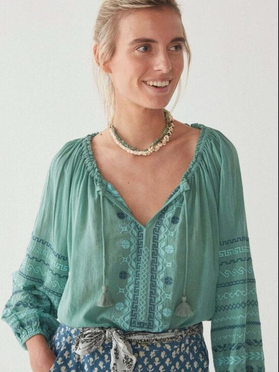 Maison Hotel Tops - Maison Hotel Sybille Embroidered Blouse in Teal 100% Cotton
